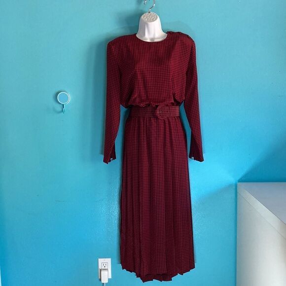 Talbots Womens 12 Vintage 1980’s Midi Houndstooth Check Red & Black Belted Dress - Picture 1 of 15